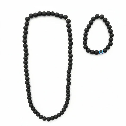 Black Beads Necklace & Evil Eye Bracelet Set for Protection